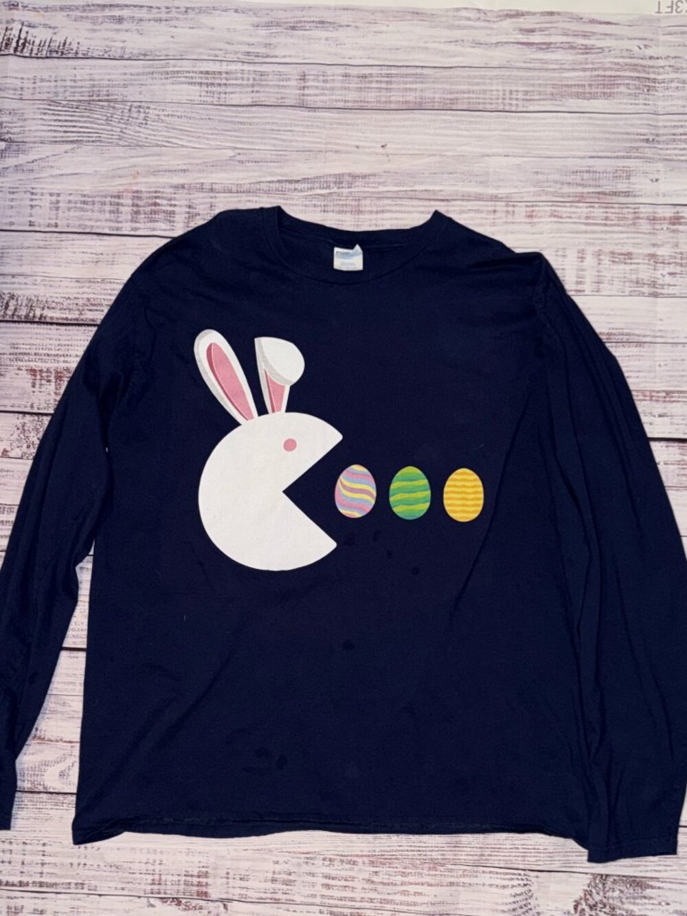 Pac Man Easter Bunny T-Shirt Blue Long Sleeve XL